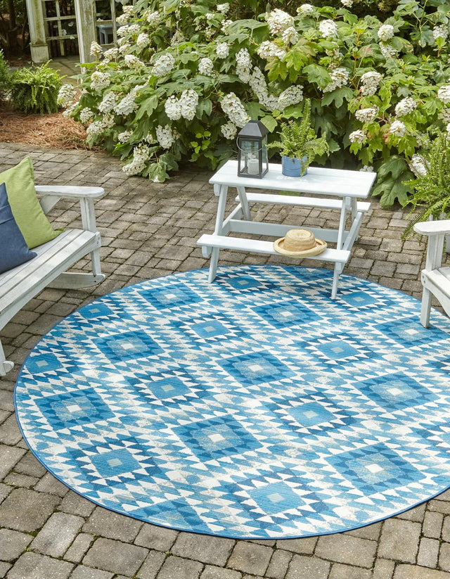 Blue 7' 10 x 7' 10 Outdoor Southwestern Round Area Rug Weather Resistant for Patio, Deck, Terrace, Balcony, Porch 100% Polypropylene Rustic Waterproof Carpet for Sale at Rug Engine