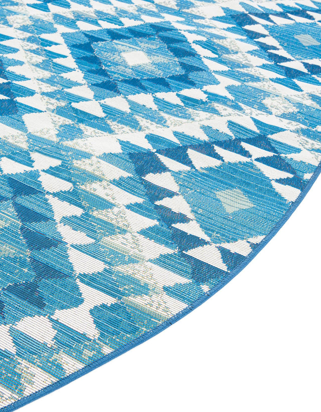 Blue 7' 10 x 7' 10 Outdoor Southwestern Round Area Rug Weather Resistant for Patio, Deck, Terrace, Balcony, Porch 100% Polypropylene Rustic Waterproof Carpet for Sale at Rug Engine