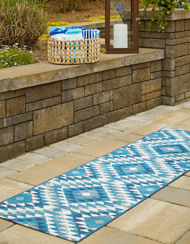 Blue 2' x 6' Outdoor Southwestern Runner Area Rug Weather Resistant for Patio, Deck, Terrace, Balcony, Porch 100% Polypropylene Rustic Waterproof Carpet for Sale at Rug Engine
