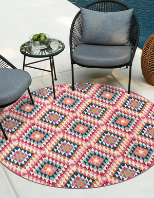 Multicolor 7' 10 x 7' 10 Outdoor Southwestern Round Area Rug Weather Resistant for Patio, Deck, Terrace, Balcony, Porch 100% Polypropylene Rustic Waterproof Carpet for Sale at Rug Engine