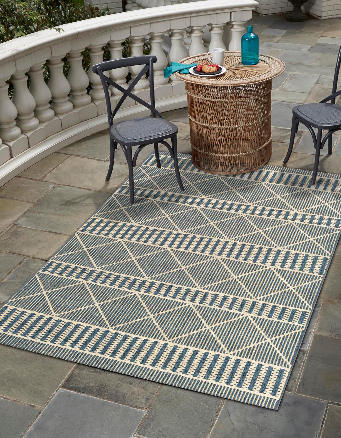 Blue 5' 3 x 8' Outdoor Trellis Rectangle Area Rug Weather Resistant for Patio, Deck, Terrace, Balcony, Porch Geometric Design Water Safe Outside Carpet for Sale at Rug Engine