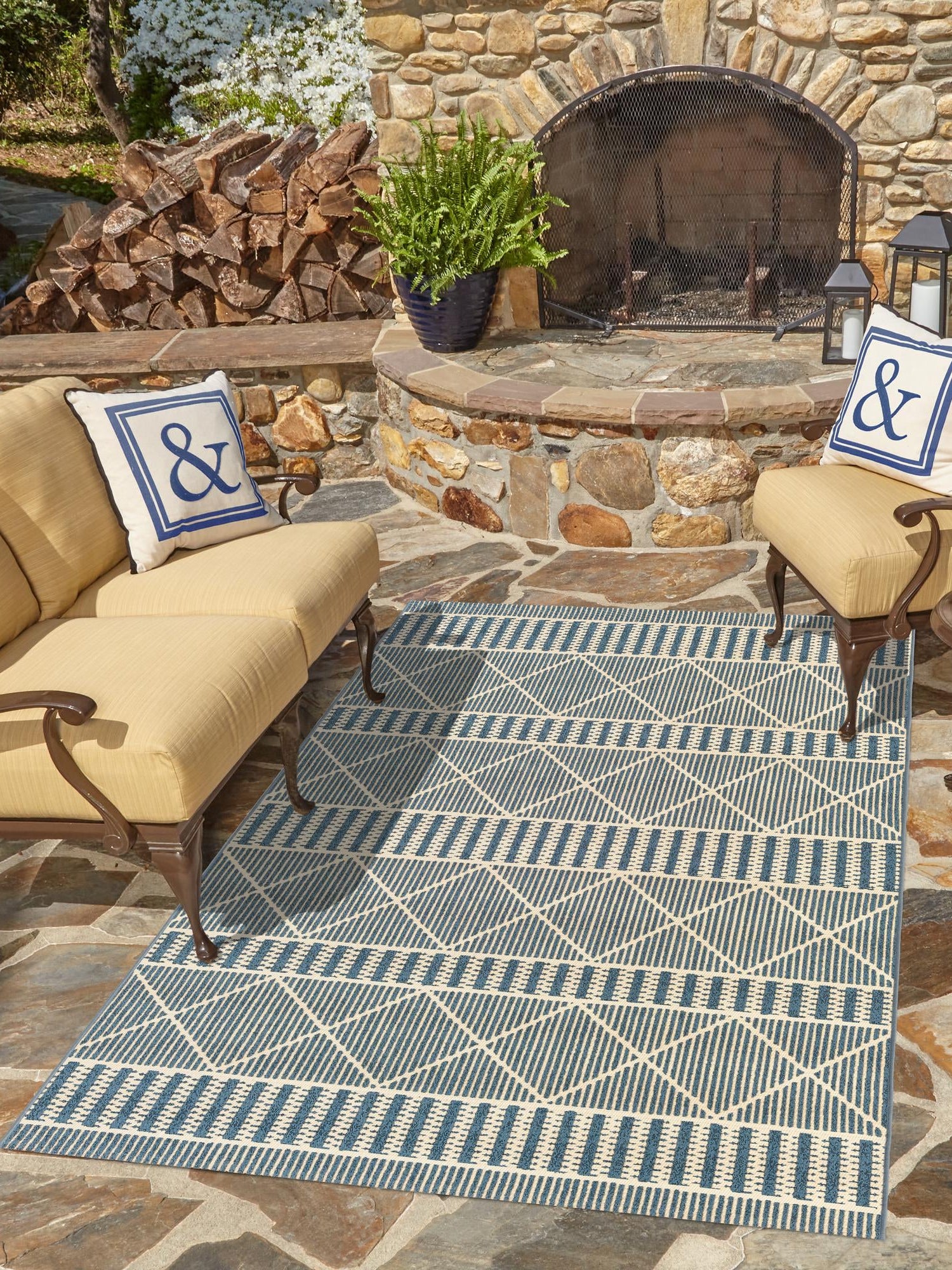 Blue 5' 3 x 8' Outdoor Trellis Rectangle Area Rug Weather Resistant for Patio, Deck, Terrace, Balcony, Porch Geometric Design Water Safe Outside Carpet for Sale at Rug Engine