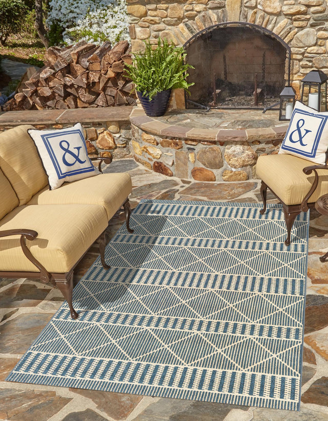 Blue 4' x 6' Outdoor Trellis Rectangle Area Rug Weather Resistant for Patio, Deck, Terrace, Balcony, Porch Geometric Design Water Safe Outside Carpet for Sale at Rug Engine