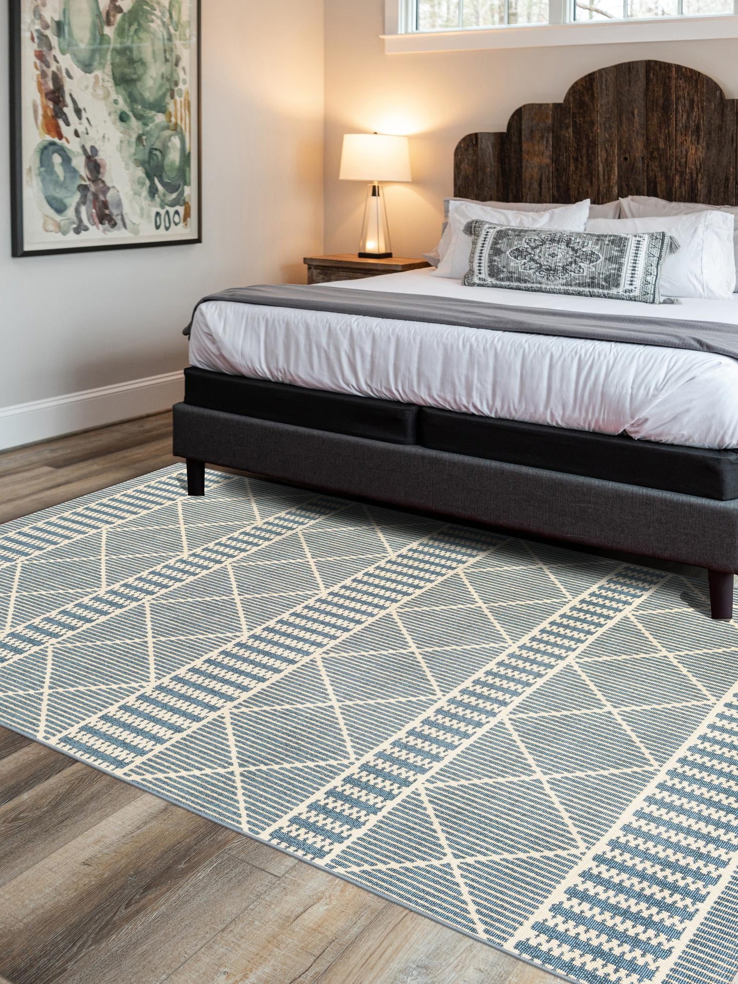 Blue 4' x 6' Outdoor Trellis Rectangle Area Rug Weather Resistant for Patio, Deck, Terrace, Balcony, Porch Geometric Design Water Safe Outside Carpet for Sale at Rug Engine