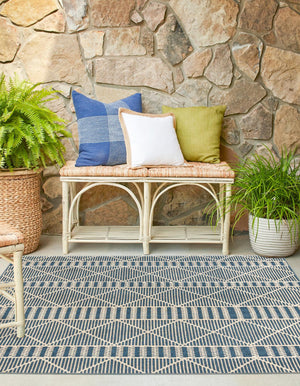 Blue 6' x 6' Outdoor Trellis Square Area Rug Weather Resistant for Patio, Deck, Terrace, Balcony, Porch Geometric Design Water Safe Outside Carpet for Sale at Rug Engine