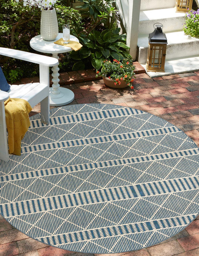 Blue 7' 10 x 7' 10 Outdoor Trellis Round Area Rug Weather Resistant for Patio, Deck, Terrace, Balcony, Porch Geometric Design Water Safe Outside Carpet for Sale at Rug Engine