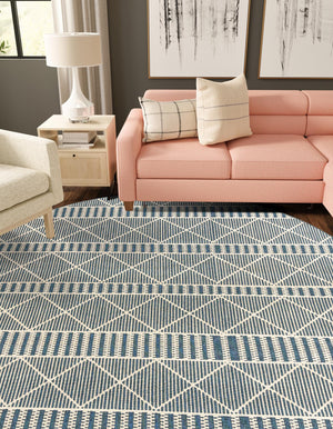 Blue 7' 10 x 7' 10 Outdoor Trellis Round Area Rug Weather Resistant for Patio, Deck, Terrace, Balcony, Porch Geometric Design Water Safe Outside Carpet for Sale at Rug Engine