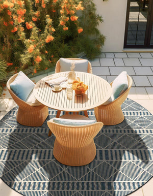 Blue 7' 10 x 7' 10 Outdoor Trellis Round Area Rug Weather Resistant for Patio, Deck, Terrace, Balcony, Porch Geometric Design Water Safe Outside Carpet for Sale at Rug Engine