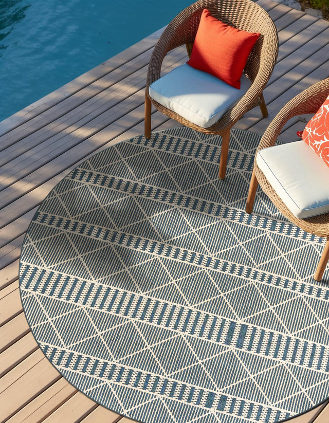 Blue 7' 10 x 7' 10 Outdoor Trellis Round Area Rug Weather Resistant for Patio, Deck, Terrace, Balcony, Porch Geometric Design Water Safe Outside Carpet for Sale at Rug Engine
