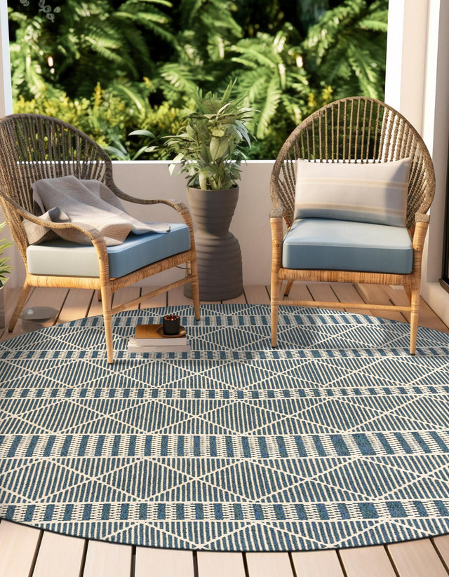 Blue 7' 10 x 7' 10 Outdoor Trellis Round Area Rug Weather Resistant for Patio, Deck, Terrace, Balcony, Porch Geometric Design Water Safe Outside Carpet for Sale at Rug Engine