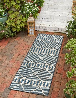 Blue 2' 7 x 5' 3 Outdoor Trellis Runner Area Rug Weather Resistant for Patio, Deck, Terrace, Balcony, Porch Geometric Design Water Safe Outside Carpet for Sale at Rug Engine
