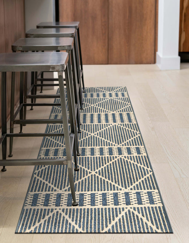 Blue 2' x 6' Outdoor Trellis Runner Area Rug Weather Resistant for Patio, Deck, Terrace, Balcony, Porch Geometric Design Water Safe Outside Carpet for Sale at Rug Engine