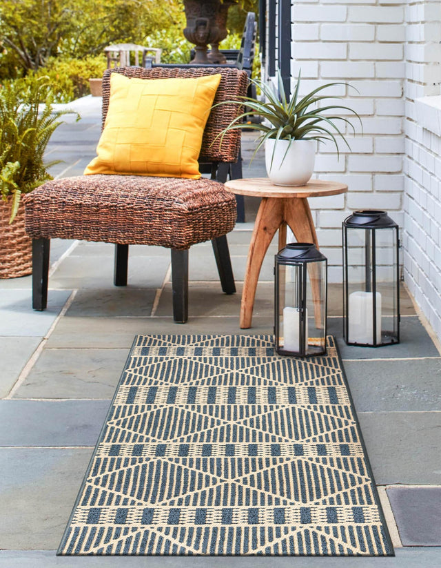 Blue 2' x 6' Outdoor Trellis Runner Area Rug Weather Resistant for Patio, Deck, Terrace, Balcony, Porch Geometric Design Water Safe Outside Carpet for Sale at Rug Engine