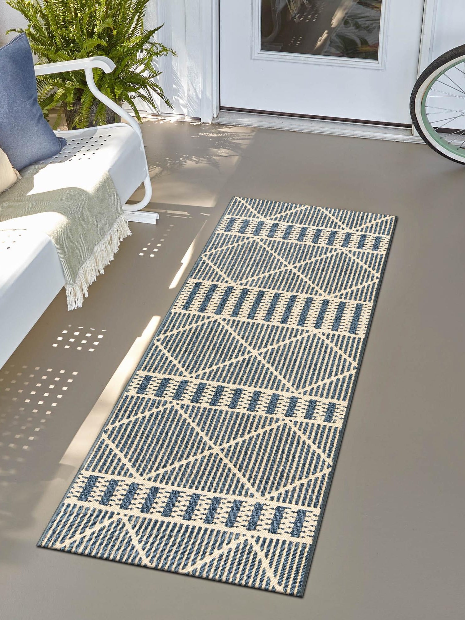 Blue 2' 7 x 5' 3 Outdoor Trellis Runner Area Rug Weather Resistant for Patio, Deck, Terrace, Balcony, Porch Geometric Design Water Safe Outside Carpet for Sale at Rug Engine