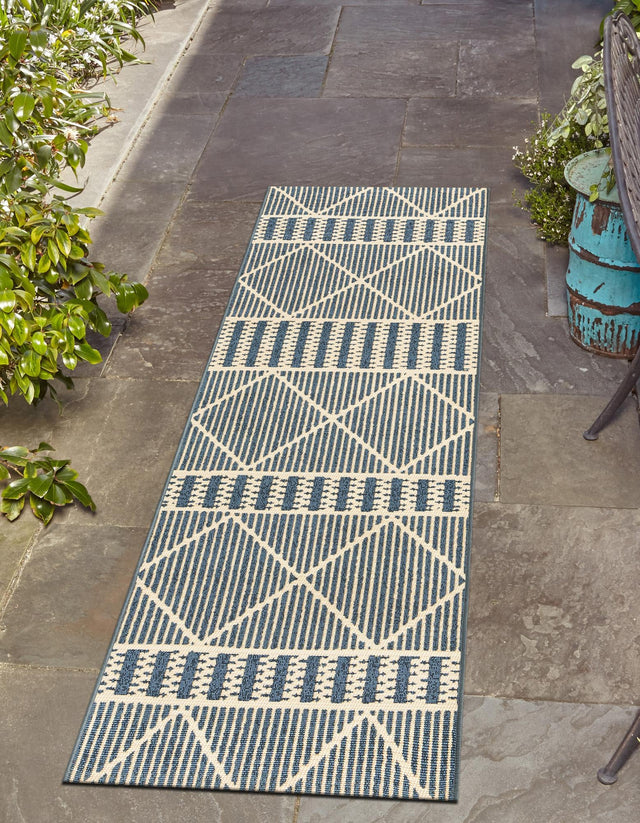 Blue 2' x 6' Outdoor Trellis Runner Area Rug Weather Resistant for Patio, Deck, Terrace, Balcony, Porch Geometric Design Water Safe Outside Carpet for Sale at Rug Engine