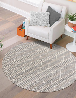 Gray 7' 10 x 7' 10 Outdoor Trellis Round Area Rug Weather Resistant for Patio, Deck, Terrace, Balcony, Porch Geometric Design Water Safe Outside Carpet for Sale at Rug Engine