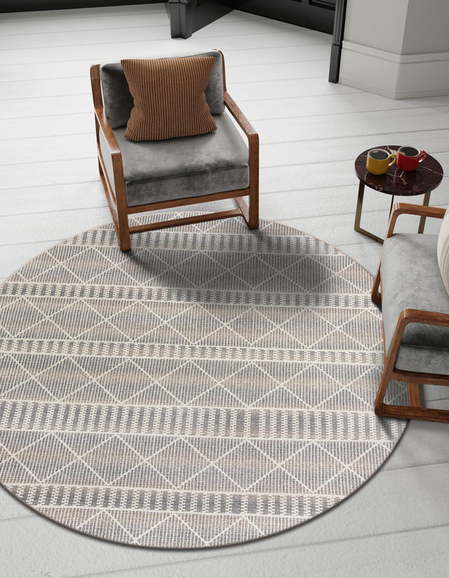 Gray 7' 10 x 7' 10 Outdoor Trellis Round Area Rug Weather Resistant for Patio, Deck, Terrace, Balcony, Porch Geometric Design Water Safe Outside Carpet for Sale at Rug Engine