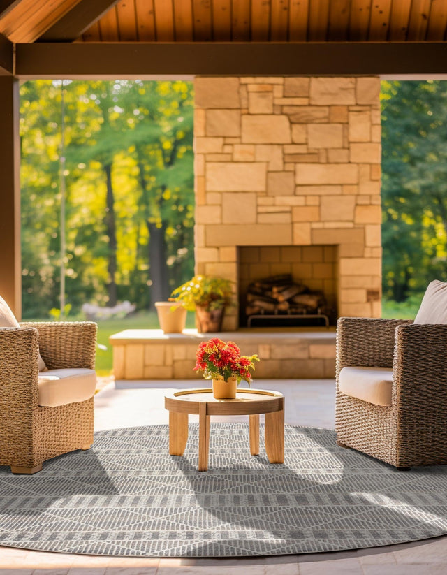 Gray 7' 10 x 7' 10 Outdoor Trellis Round Area Rug Weather Resistant for Patio, Deck, Terrace, Balcony, Porch Geometric Design Water Safe Outside Carpet for Sale at Rug Engine