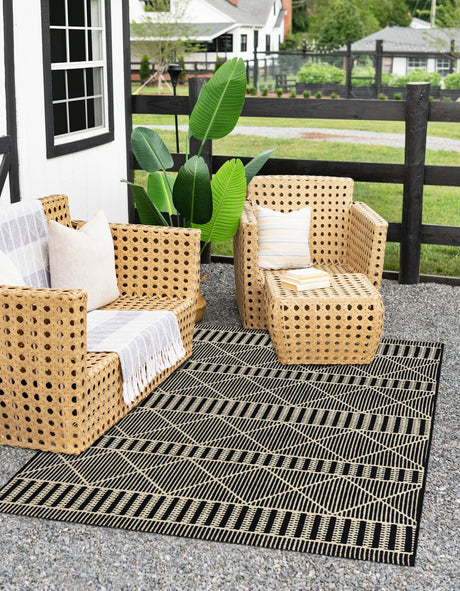 Black 7' 1 x 10' Outdoor Trellis Rectangle Area Rug Weather Resistant for Patio, Deck, Terrace, Balcony, Porch Geometric Design Water Safe Outside Carpet for Sale at Rug Engine