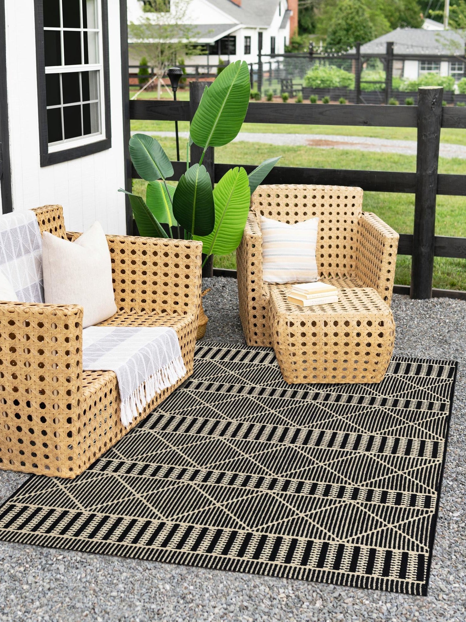 Black 3' 3 x 5' 3 Outdoor Trellis Rectangle Area Rug Weather Resistant for Patio, Deck, Terrace, Balcony, Porch Geometric Design Water Safe Outside Carpet for Sale at Rug Engine