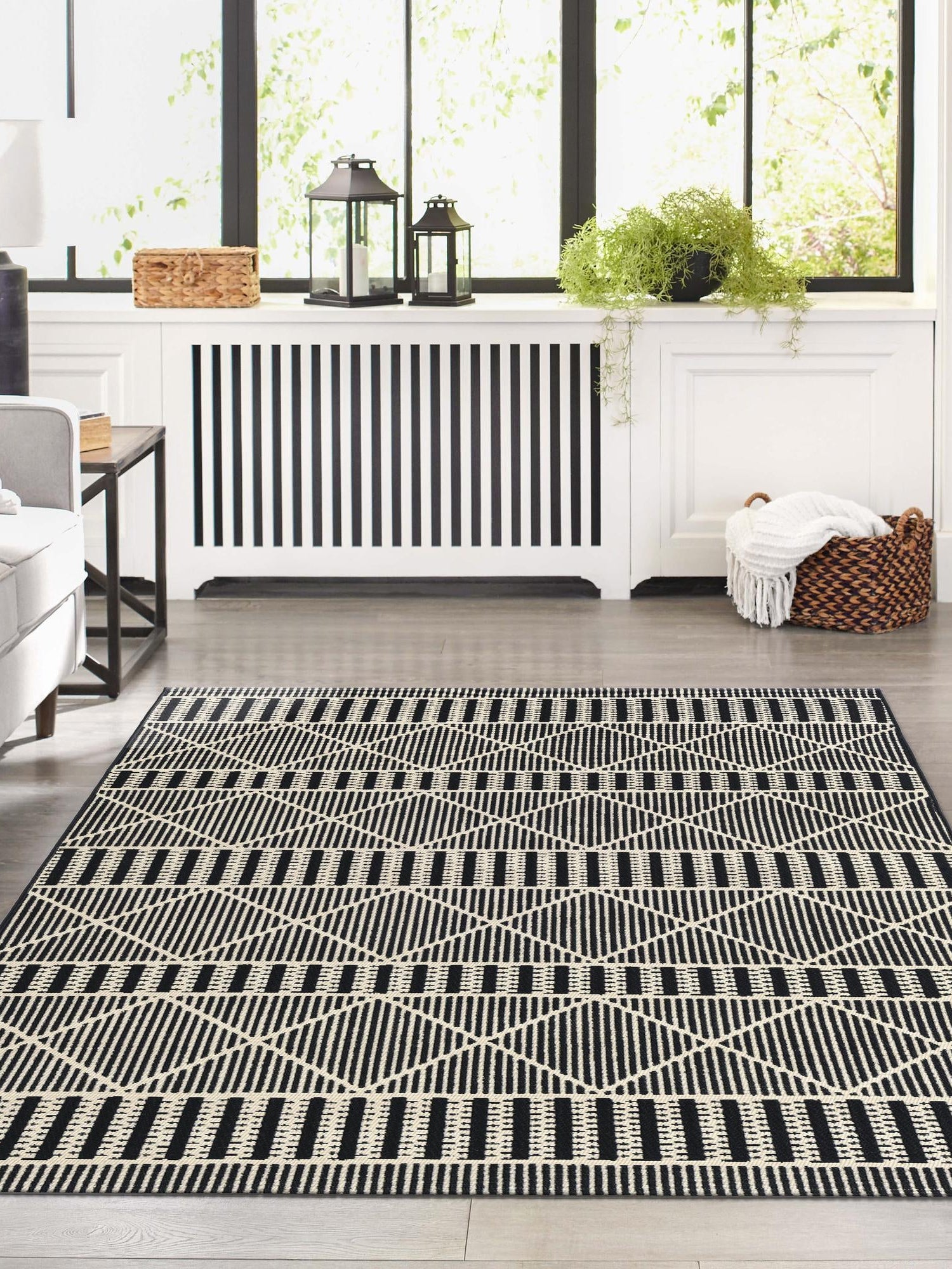 Black 6' 1 x 9' Outdoor Trellis Rectangle Area Rug Weather Resistant for Patio, Deck, Terrace, Balcony, Porch Geometric Design Water Safe Outside Carpet for Sale at Rug Engine