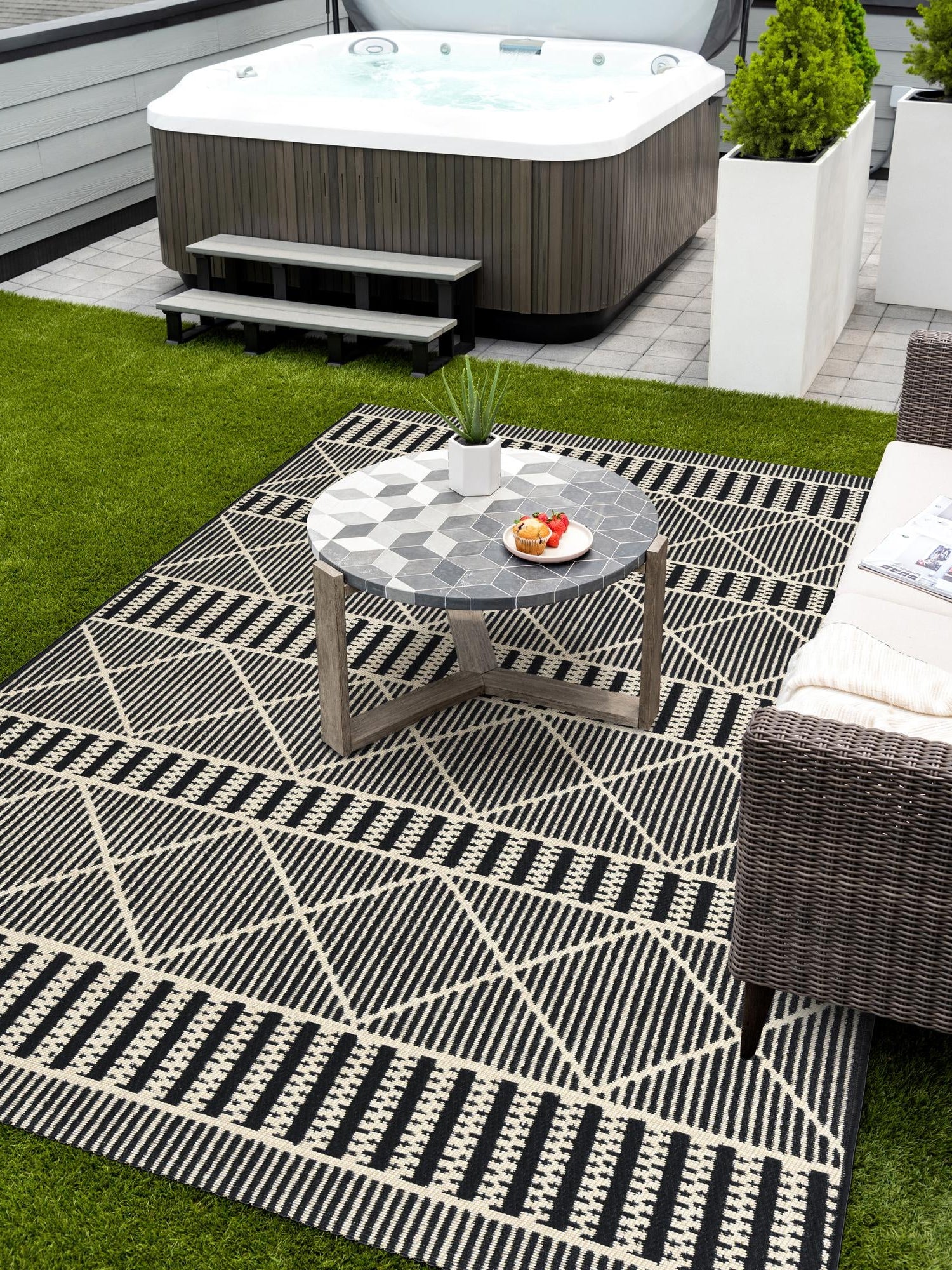 Black 10' x 12' Outdoor Trellis Rectangle Area Rug Weather Resistant for Patio, Deck, Terrace, Balcony, Porch Geometric Design Water Safe Outside Carpet for Sale at Rug Engine