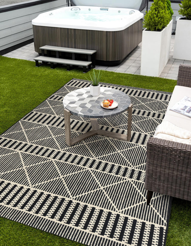 Black 7' 10 x 10' Outdoor Trellis Rectangle Area Rug Weather Resistant for Patio, Deck, Terrace, Balcony, Porch Geometric Design Water Safe Outside Carpet for Sale at Rug Engine