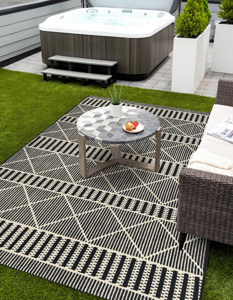 Black 7' 1 x 10' Outdoor Trellis Rectangle Area Rug Weather Resistant for Patio, Deck, Terrace, Balcony, Porch Geometric Design Water Safe Outside Carpet for Sale at Rug Engine