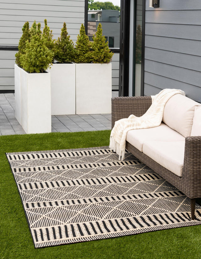 Black 4' x 6' Outdoor Trellis Rectangle Area Rug Weather Resistant for Patio, Deck, Terrace, Balcony, Porch Geometric Design Water Safe Outside Carpet for Sale at Rug Engine