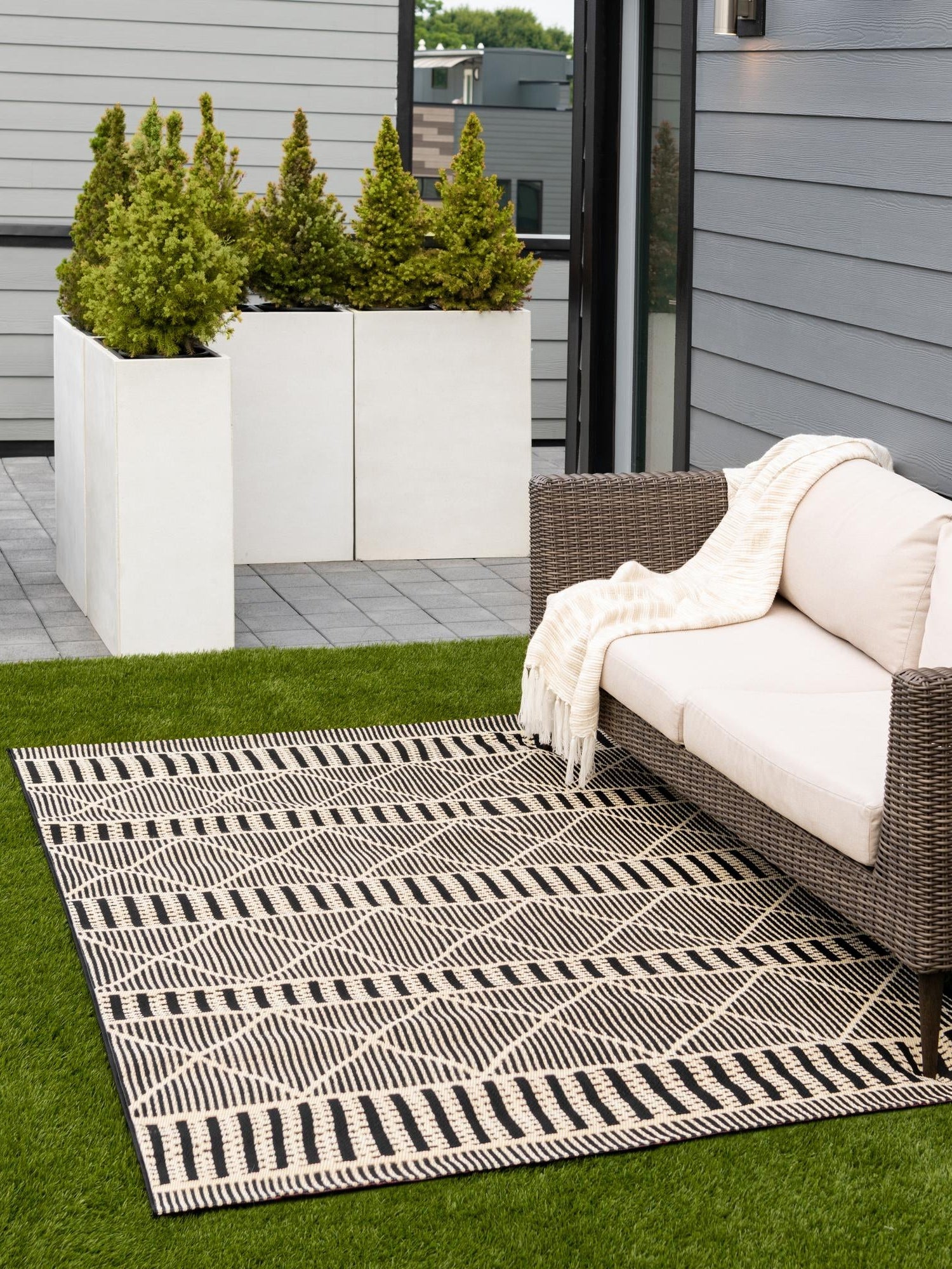 Black 7' 10 x 10' Outdoor Trellis Rectangle Area Rug Weather Resistant for Patio, Deck, Terrace, Balcony, Porch Geometric Design Water Safe Outside Carpet for Sale at Rug Engine