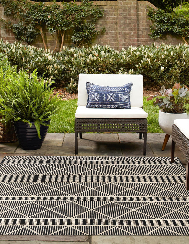 Black 10' x 10' Outdoor Trellis Square Area Rug Weather Resistant for Patio, Deck, Terrace, Balcony, Porch Geometric Design Water Safe Outside Carpet for Sale at Rug Engine
