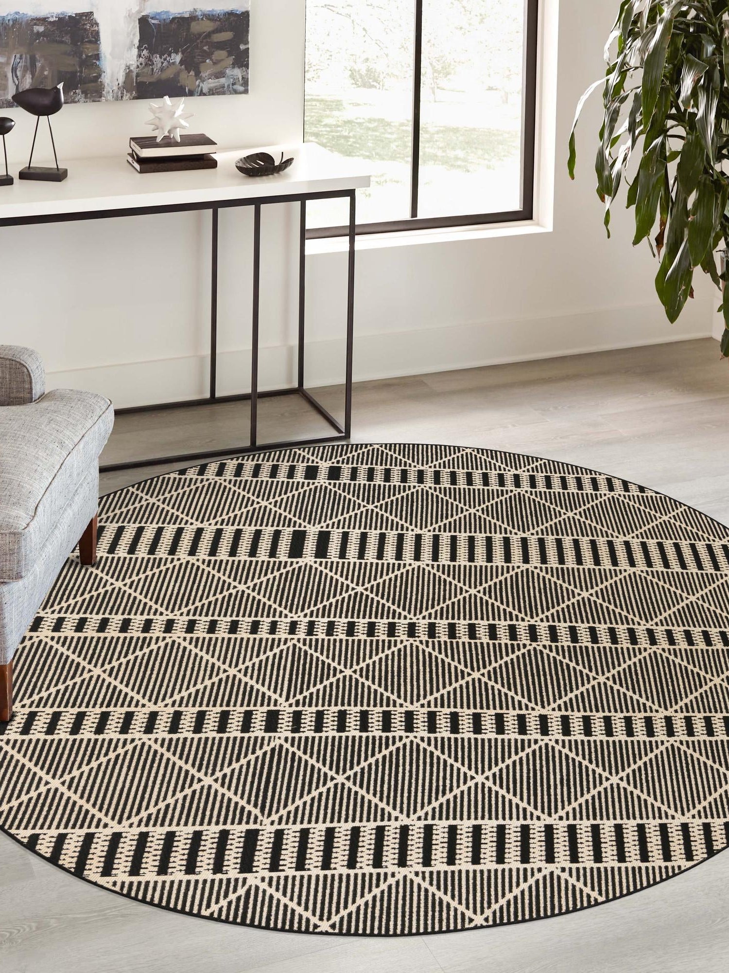 Black 5' 3 x 5' 3 Outdoor Trellis Round Area Rug Weather Resistant for Patio, Deck, Terrace, Balcony, Porch Geometric Design Water Safe Outside Carpet for Sale at Rug Engine