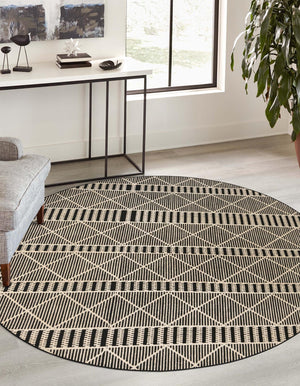 Black 7' 10 x 7' 10 Outdoor Trellis Round Area Rug Weather Resistant for Patio, Deck, Terrace, Balcony, Porch Geometric Design Water Safe Outside Carpet for Sale at Rug Engine