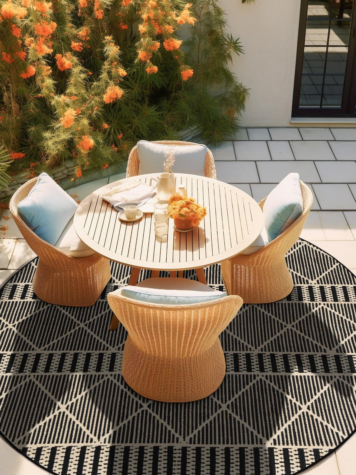 Black 10' x 10' Outdoor Trellis Round Area Rug Weather Resistant for Patio, Deck, Terrace, Balcony, Porch Geometric Design Water Safe Outside Carpet for Sale at Rug Engine