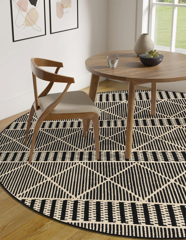 Black 5' 3 x 5' 3 Outdoor Trellis Round Area Rug Weather Resistant for Patio, Deck, Terrace, Balcony, Porch Geometric Design Water Safe Outside Carpet for Sale at Rug Engine
