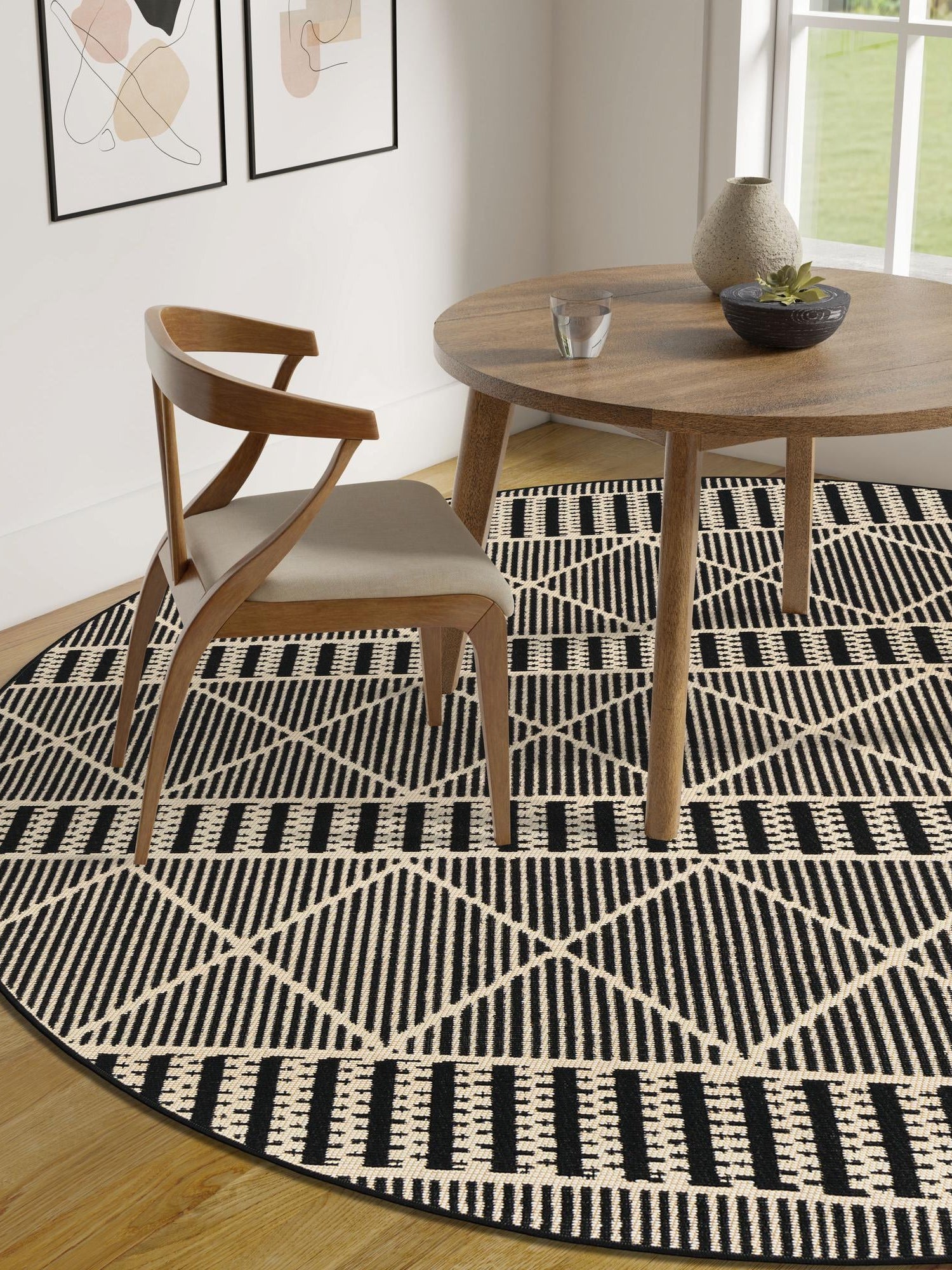 Black 7' 10 x 7' 10 Outdoor Trellis Round Area Rug Weather Resistant for Patio, Deck, Terrace, Balcony, Porch Geometric Design Water Safe Outside Carpet for Sale at Rug Engine