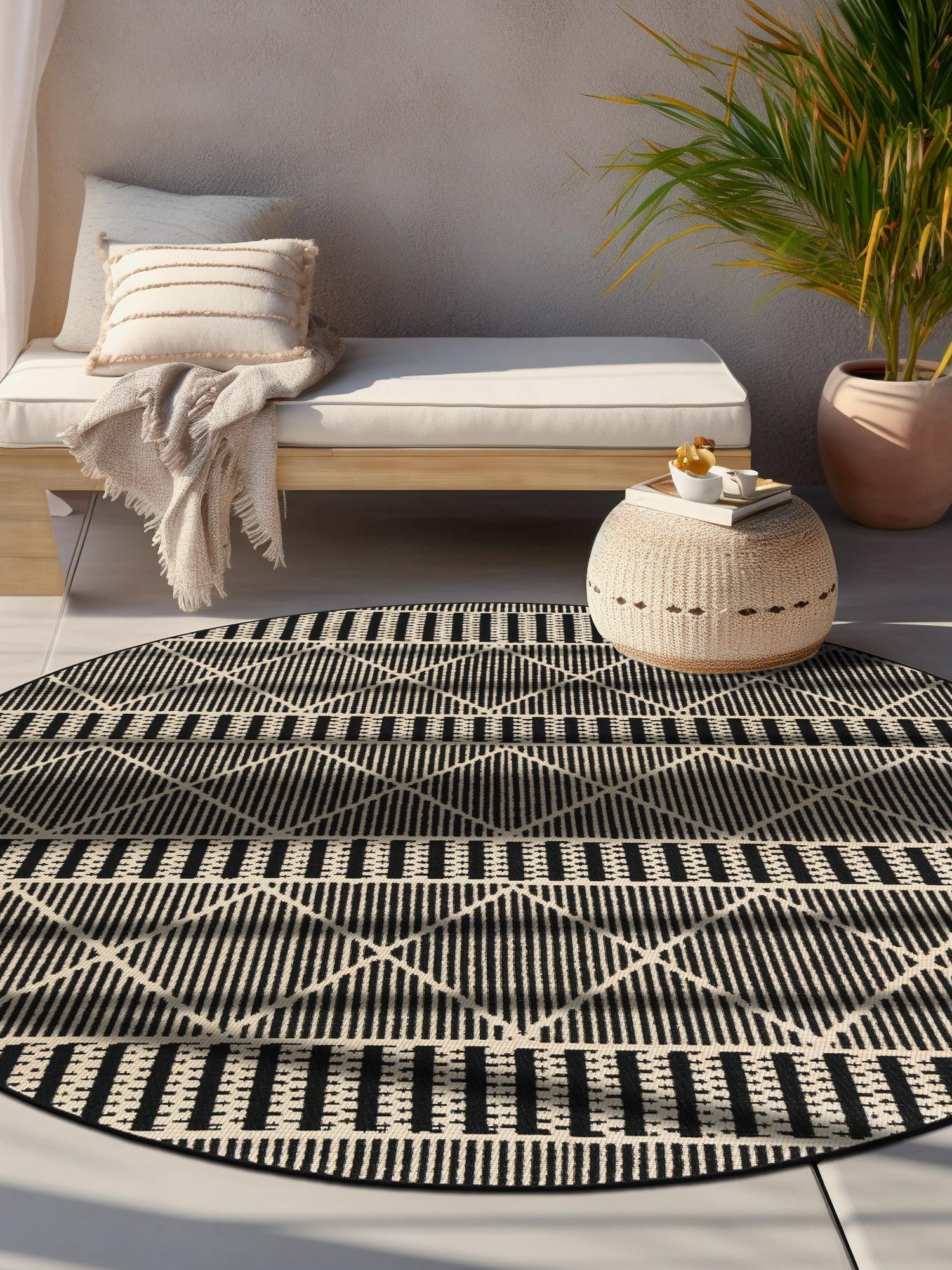 Black 5' 3 x 5' 3 Outdoor Trellis Round Area Rug Weather Resistant for Patio, Deck, Terrace, Balcony, Porch Geometric Design Water Safe Outside Carpet for Sale at Rug Engine