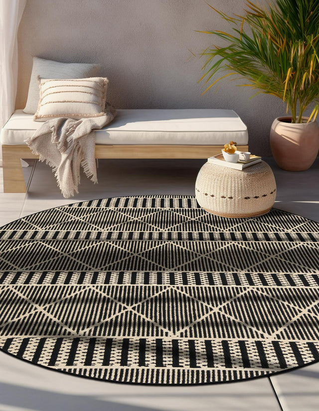 Black 5' 3 x 5' 3 Outdoor Trellis Round Area Rug Weather Resistant for Patio, Deck, Terrace, Balcony, Porch Geometric Design Water Safe Outside Carpet for Sale at Rug Engine