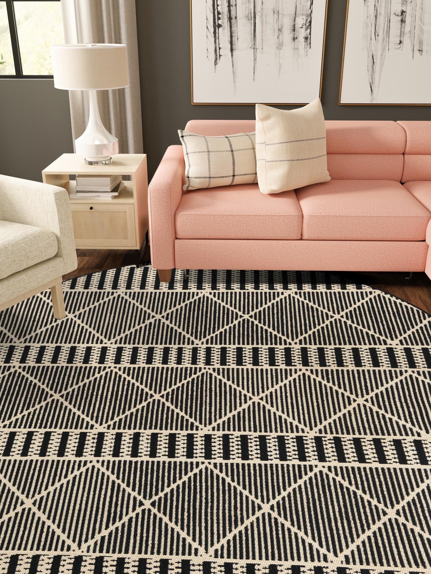 Black 5' 3 x 5' 3 Outdoor Trellis Round Area Rug Weather Resistant for Patio, Deck, Terrace, Balcony, Porch Geometric Design Water Safe Outside Carpet for Sale at Rug Engine