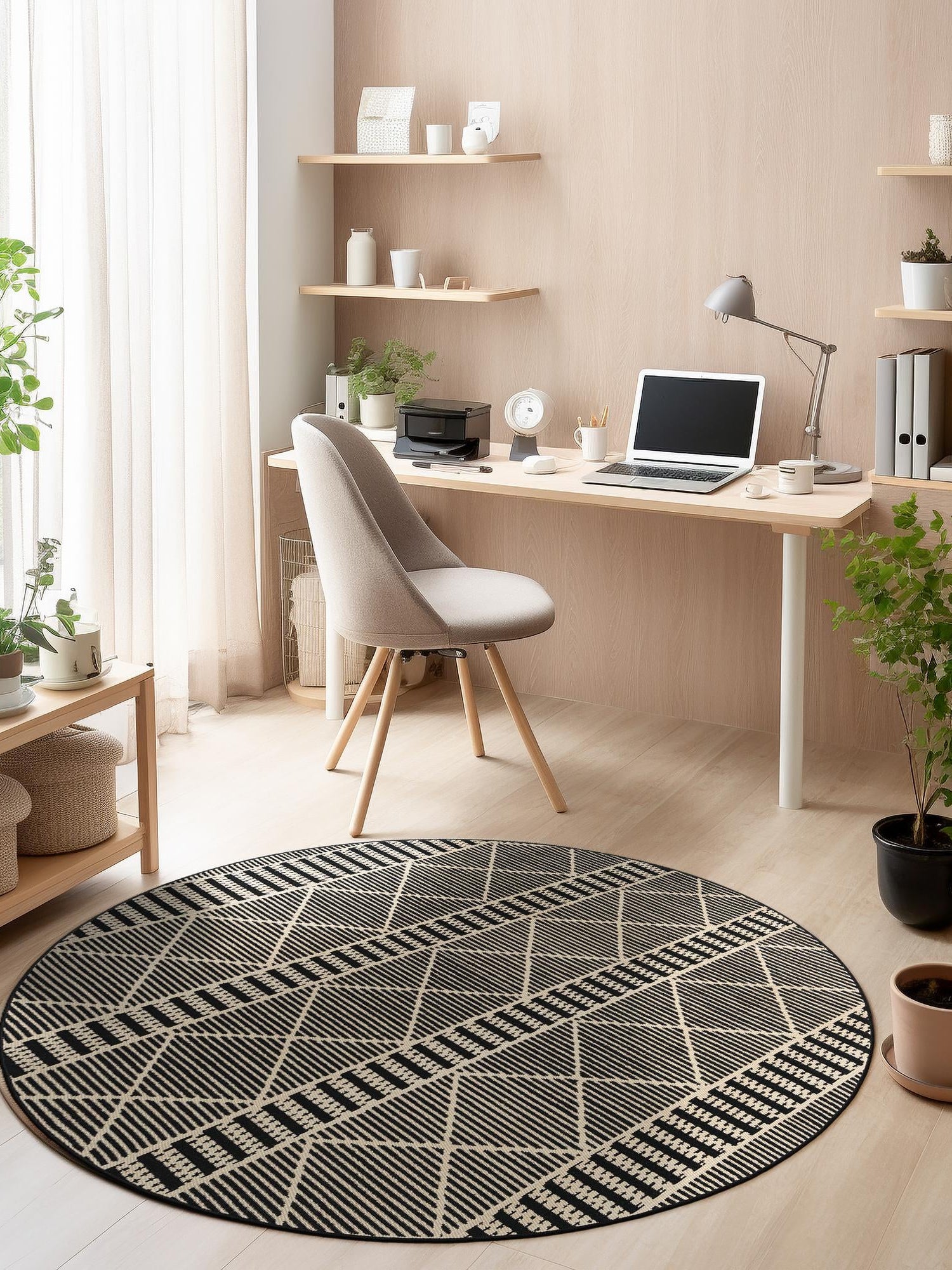 Black 7' 10 x 7' 10 Outdoor Trellis Round Area Rug Weather Resistant for Patio, Deck, Terrace, Balcony, Porch Geometric Design Water Safe Outside Carpet for Sale at Rug Engine