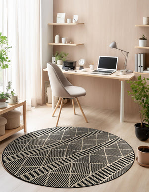 Black 10' x 10' Outdoor Trellis Round Area Rug Weather Resistant for Patio, Deck, Terrace, Balcony, Porch Geometric Design Water Safe Outside Carpet for Sale at Rug Engine