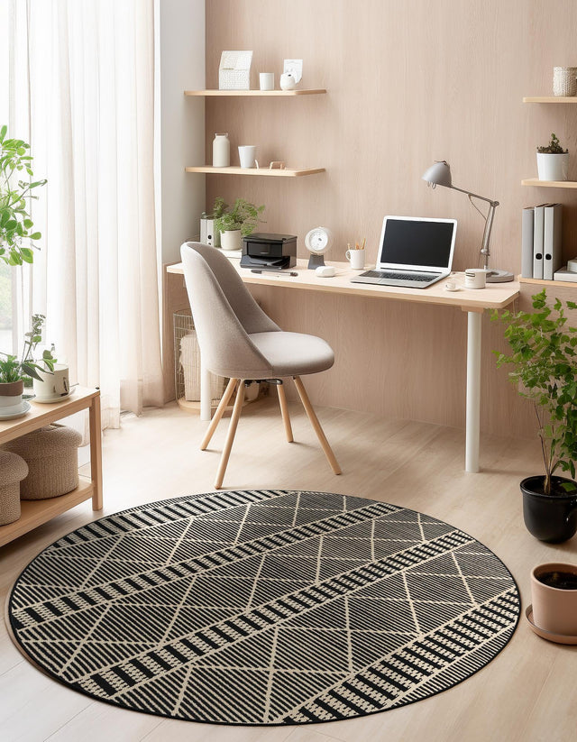 Black 10' x 10' Outdoor Trellis Round Area Rug Weather Resistant for Patio, Deck, Terrace, Balcony, Porch Geometric Design Water Safe Outside Carpet for Sale at Rug Engine