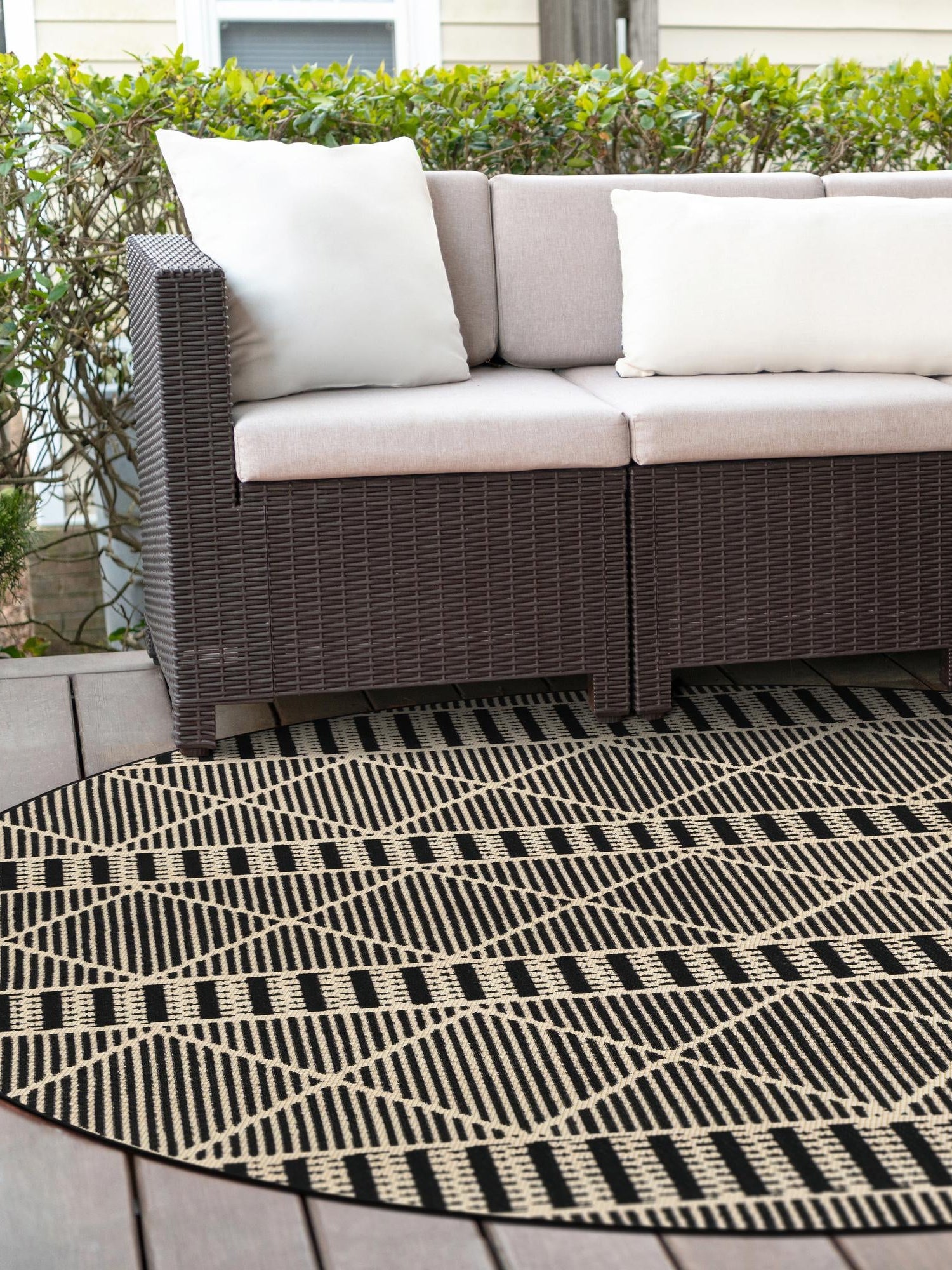Black 10' x 10' Outdoor Trellis Round Area Rug Weather Resistant for Patio, Deck, Terrace, Balcony, Porch Geometric Design Water Safe Outside Carpet for Sale at Rug Engine