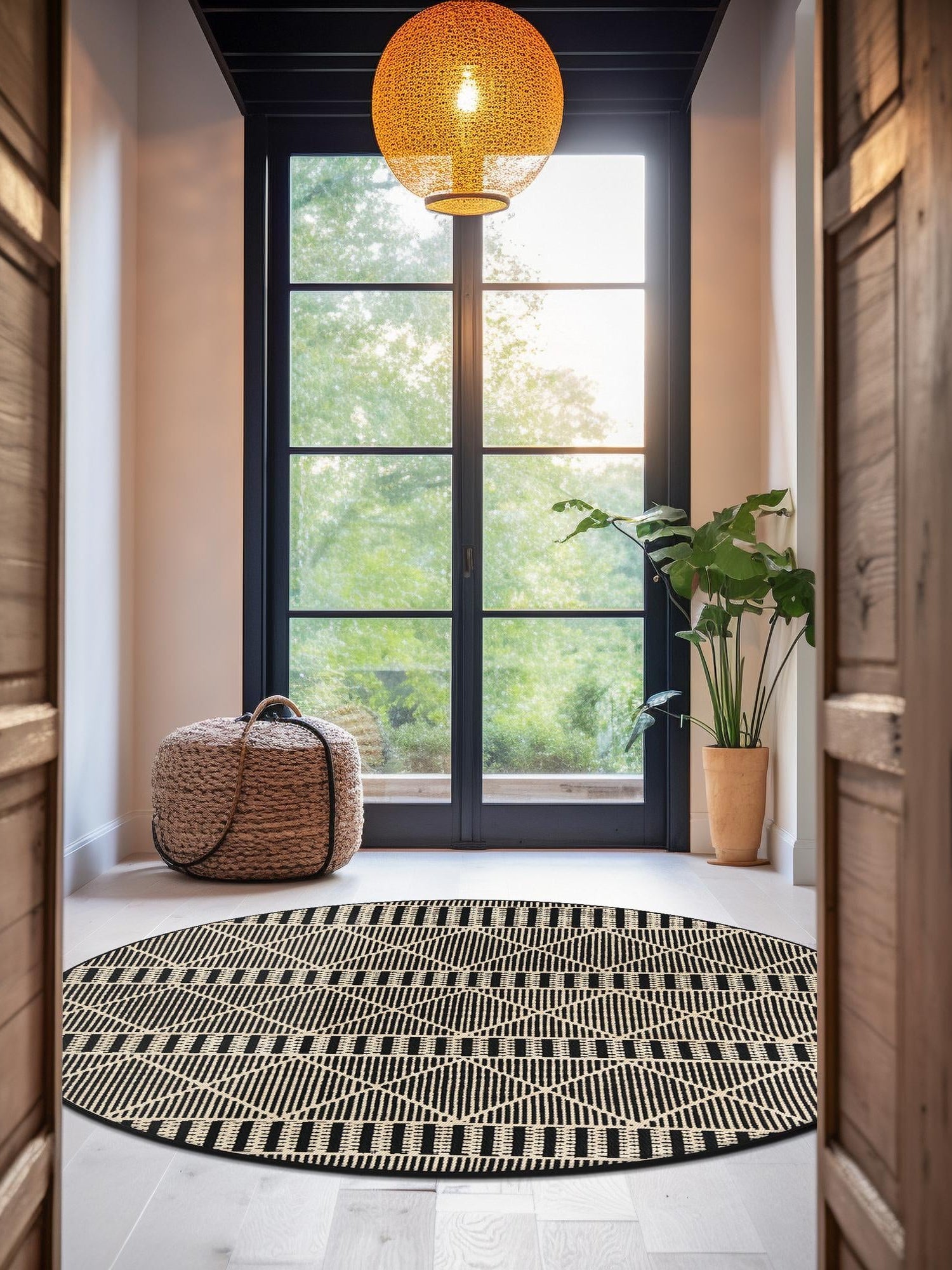 Black 5' 3 x 5' 3 Outdoor Trellis Round Area Rug Weather Resistant for Patio, Deck, Terrace, Balcony, Porch Geometric Design Water Safe Outside Carpet for Sale at Rug Engine