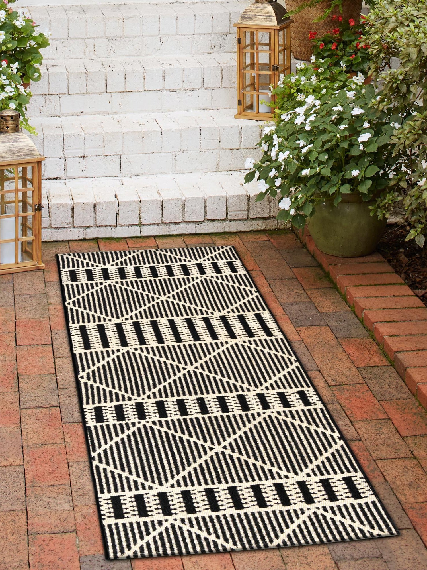 Black 2' 7 x 5' 3 Outdoor Trellis Runner Area Rug Weather Resistant for Patio, Deck, Terrace, Balcony, Porch Geometric Design Water Safe Outside Carpet for Sale at Rug Engine