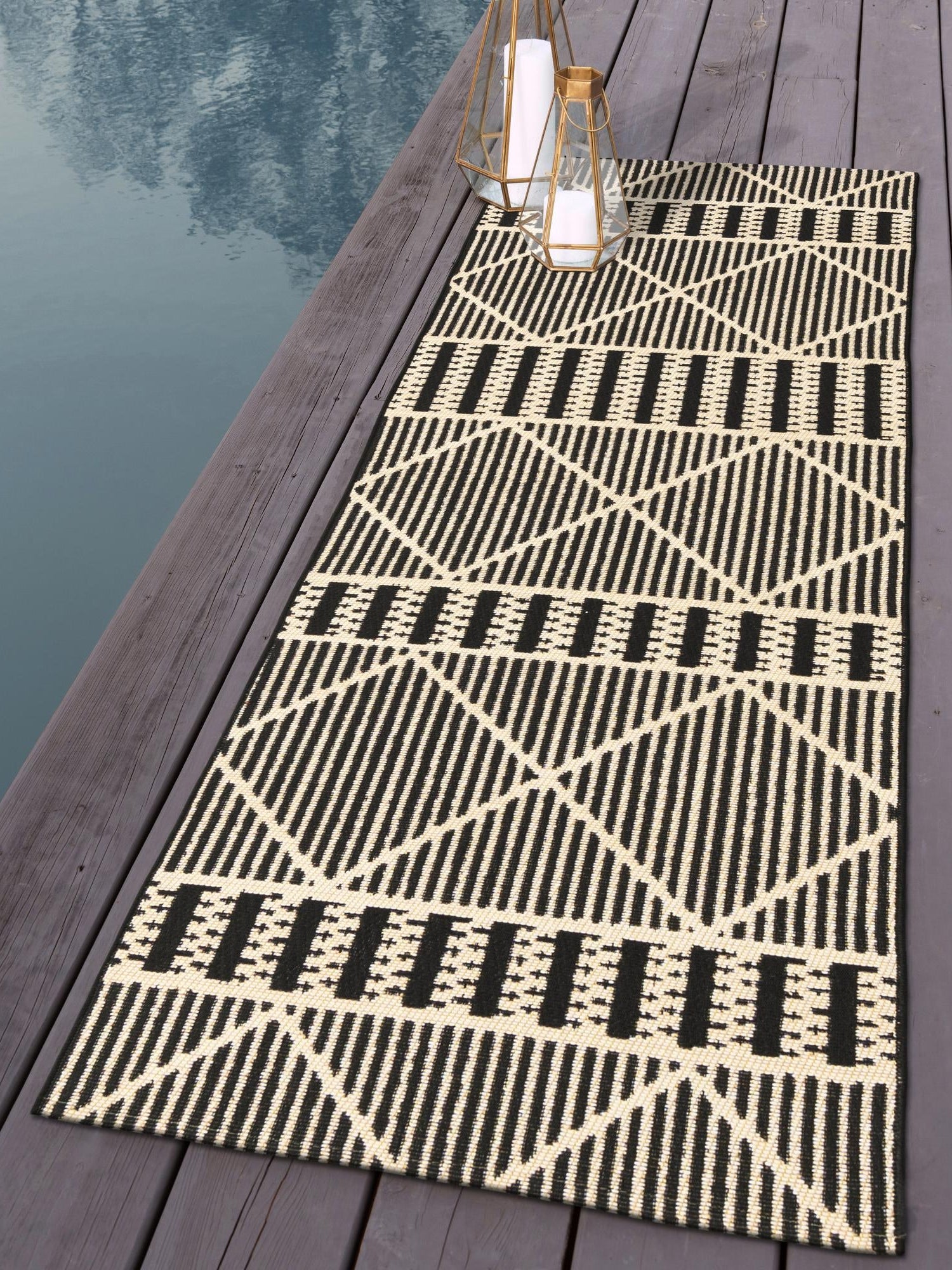 Black 2' x 8' Outdoor Trellis Runner Area Rug Weather Resistant for Patio, Deck, Terrace, Balcony, Porch Geometric Design Water Safe Outside Carpet for Sale at Rug Engine