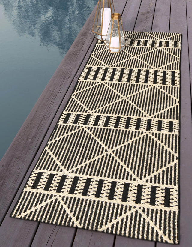 Black 2' x 7' 1 Outdoor Trellis Runner Area Rug Weather Resistant for Patio, Deck, Terrace, Balcony, Porch Geometric Design Water Safe Outside Carpet for Sale at Rug Engine