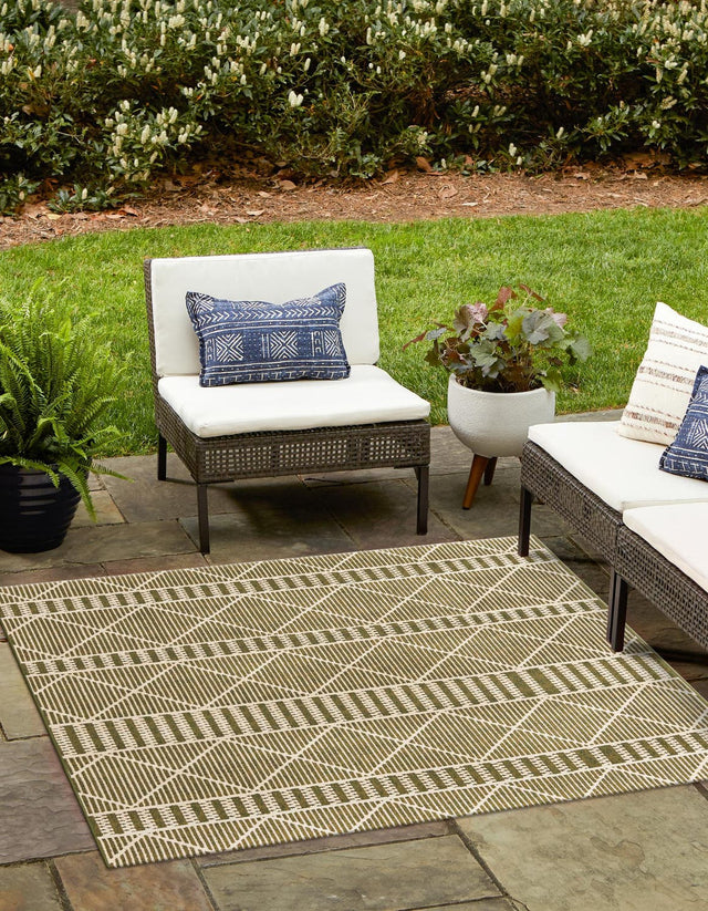 Green 6' x 6' Outdoor Trellis Square Area Rug Weather Resistant for Patio, Deck, Terrace, Balcony, Porch Geometric Design Water Safe Outside Carpet for Sale at Rug Engine