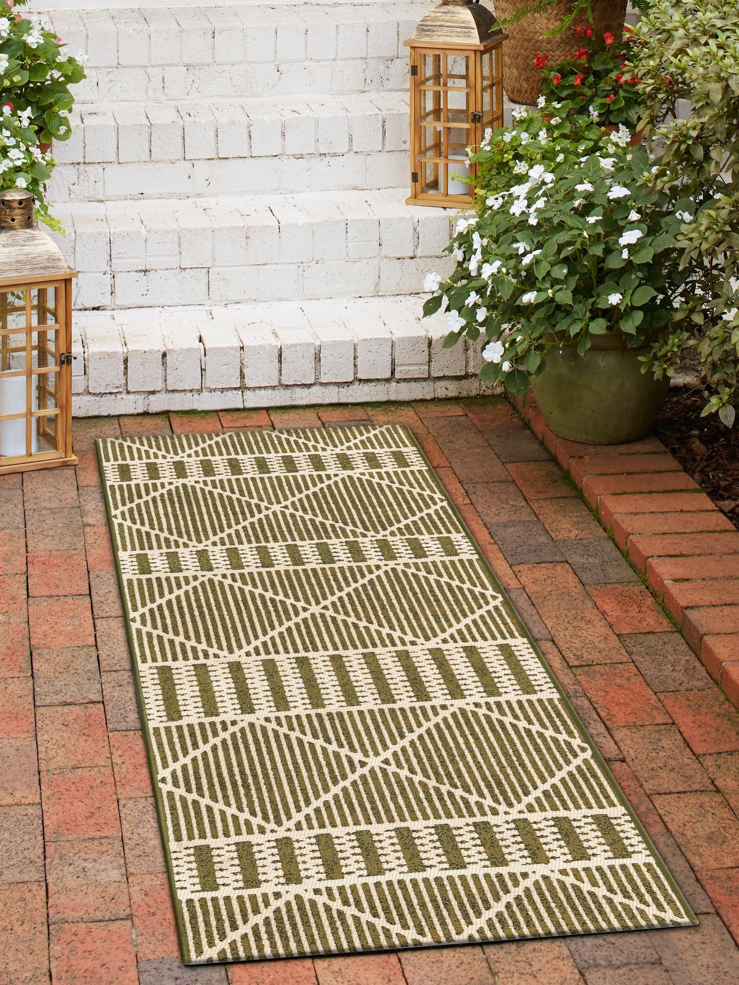 Green 2' 7 x 5' 3 Outdoor Trellis Runner Area Rug Weather Resistant for Patio, Deck, Terrace, Balcony, Porch Geometric Design Water Safe Outside Carpet for Sale at Rug Engine