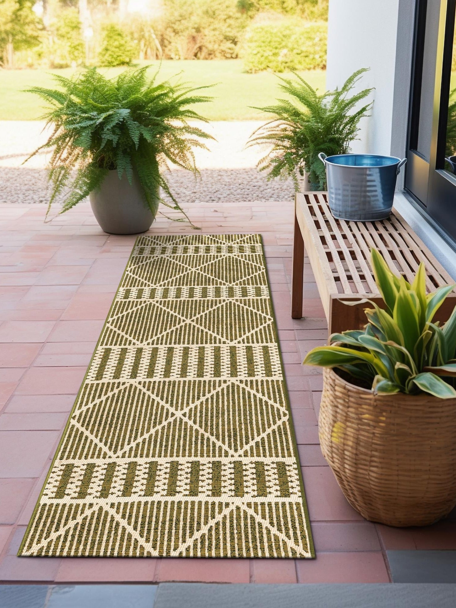 Green 2' 7 x 5' 3 Outdoor Trellis Runner Area Rug Weather Resistant for Patio, Deck, Terrace, Balcony, Porch Geometric Design Water Safe Outside Carpet for Sale at Rug Engine